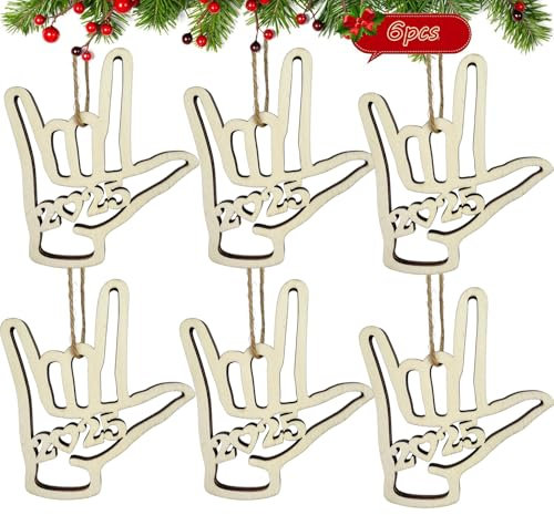 2025 Christmas Ornaments, I Love You ASL Sign Language Hand Important Holiday Day Christmas Tree Decorations, Wood Souvenir Gift for Father Mother Husband Wife Son Daughter Friend (2025-6pcs)