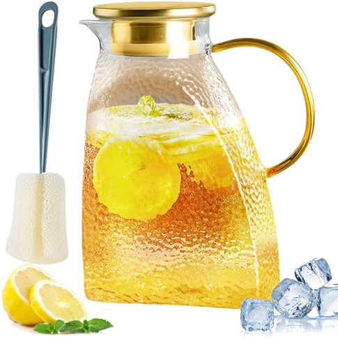 Verseuse en verre de 1,8 l avec couvercle, porte de réfrigérateur anti-fuite, avec brosse, carafe à eau avec couvercle en acier inoxydable, verseuse en verre borosilicate, pour boissons chaudes ou