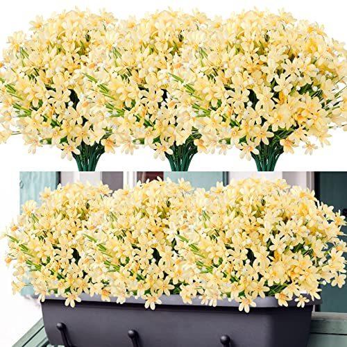LOMOHOO 8 Bundles Artificial Daffodils Flower Outdoor Artificial Flowers UV Resistant Fake Flower Faux Blue Flowers Shrubs for Indoor Outside Garden Porch Window Box Home Office Wedding Decor (Yellow)