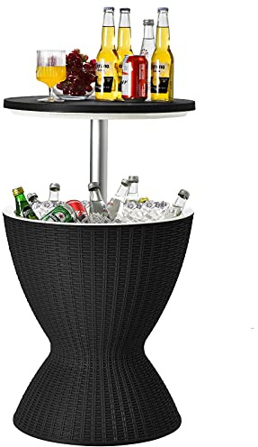GYMAX Tavolino Frigo 30L, Secchiello Ghiaccio con Valvola di Scarico e Coperchio, Tavolo Portaghiaccio in Effetto Rattan Resistente alle Intemperie, per Feste in Piscina e Barbecue (Nero)