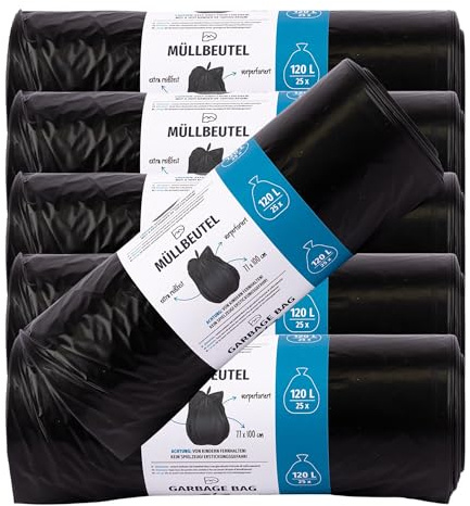 120L Schwarze Müllbeutel, 42µ Reißfestigkeit - 150x BLiX Müllsäcke 77x100cm Ideal für Werkstatt & Gastronomie, Unauffällige Robuste Mülltüten für Haushalt und Gewerbe