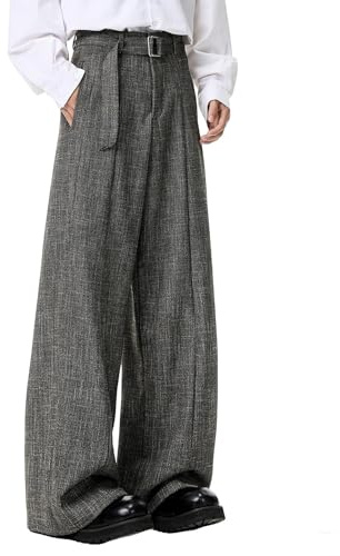 KWISUAWHGA Pantalons De Costume Resserrés À Carreaux Avec Ceinture Pour Hommes, Tendance Large, Taille Mi-Haute, Pantalons