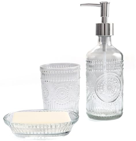 FEILANDUO Set di 3 accessori da bagno in vetro, dispenser per lozione e sapone, portaspazzolino, portasapone, decorazione moderna per il piano di lavoro del bagno per la casa, regalo di inaugurazione
