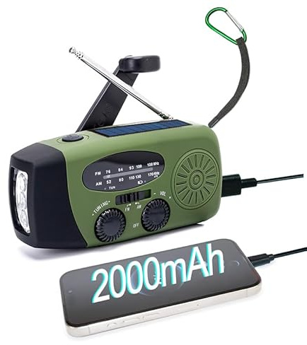 2000mAh Wind Up Solar Radio, Emergency Portable Hand Crank Weather Radio, Rechargeable Power Bank, 2 mode LED torch with SOS Alarm LED Flashlight, USB Phone Charger, for emergencies, camping (green)