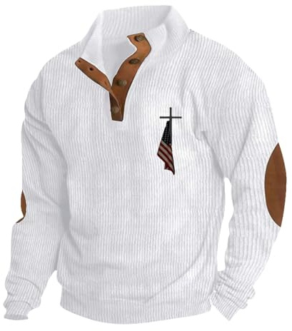 Generisch Suéter para hombre de manga larga con cuello alto y mangas, estampado, suelto, informal, de pana con cuatro botones, Blanco, XL