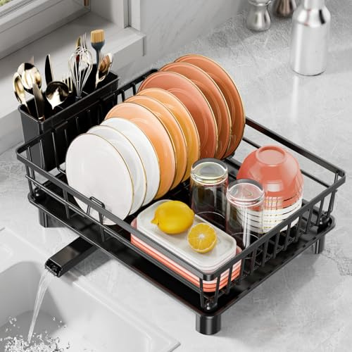 LIONONLY Dish Drying Rack for Kitchen Counter, Stainless Steel Drainer Anti Rust, Smart Drainage System Drainboard with Detachable Cutlery Holder, Handwash Dish Helper for Home, Apartment Space Saving