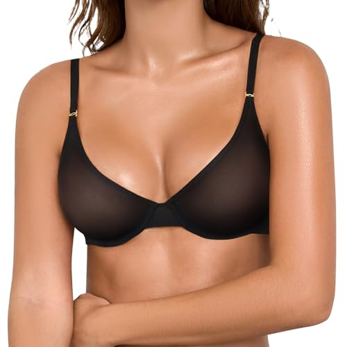 Niwicee Women's Sheer Bra Unlined Plunge Underwired Mesh Demi See Through Sexy Bras for Small Breasts Deep V Everyday Bra Ultra Thin & Breathable (Black, 34B)