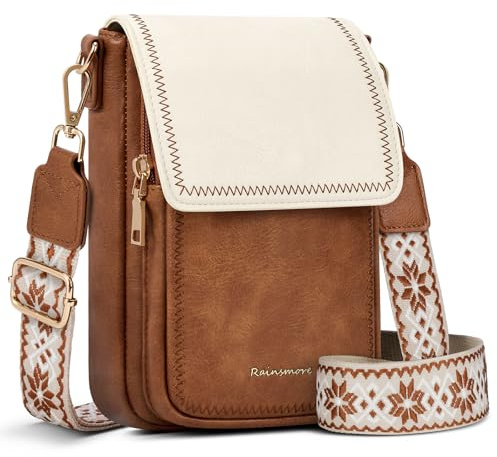 RAINSMORE Handytasche zum Umhängen PU Leder Handy Umhängetasche Damen Klein | Handtasche Schultertasche Crossbody Bag Damen Handytasche mit Geldbörse zum Umhängen, Braun und Beige