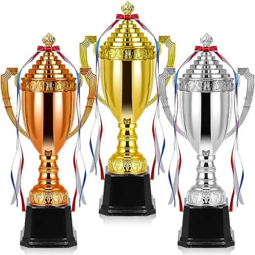 JTKDG Pokal Set 3-teilig Groß 38 cm, Trophäen für 1. 2. 3. Platz in Gold Silber Bronze, edle Siegerpokale für Fußball Basketball Turniere & Sportfeste, robuste Trophäe mit Sockel für Vereine & Events