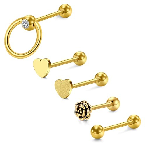 Crdifu 14G Zungenpiercing Gold 16mm Stablänge, 1,6mm Zungenpiercing Chirurgenstahl, 5Stk Zunge Piercings Set Rose Herz 5mm Kugel, Zunge Barbell Tongue Piercings Tongue Bar Körperschmuck Damen Herren