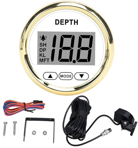 AOWINHIT Bootstiefenmesser, LCD-Digitalanzeige, 328 Fuß Tiefenanzeige, Yachten, Fischereifahrzeuge (80000242 PLD2-WG-FTM Weißes Zifferblatt, goldene)