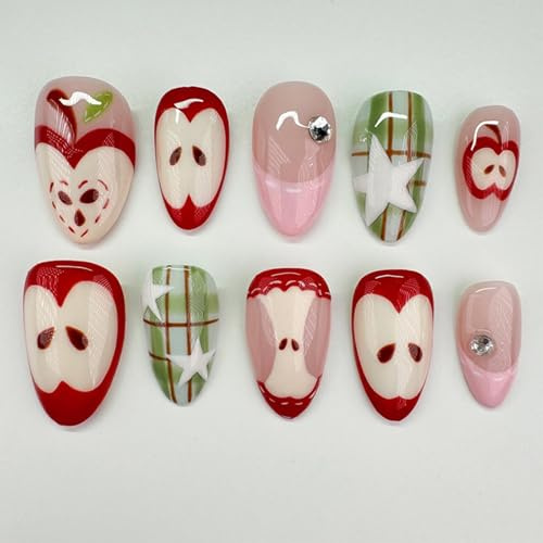 Medium Almond Press on Nails with Apple Design and 3D Star Grid - 24PCS French Tip False Nails with Rhinestones for Women, Full Cover Reusable Kit for Party or Daily Application