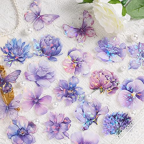 60 Stück Blumen Scrapbooking Aufkleber, 30 Designs Wasserfeste Blumen Aufkleber, Transparente Blumenaufkleber, Blumensticker Für Journale, Handwerk, Postkarten, Wasserflaschen, Alben Usw, Lila