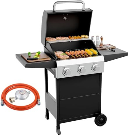 LEADZM Gasgrill 3 Brenner 10,5 kW - 50-Mbar-Druckminderungsventilgas grill mit Deckel, Vollständig ausgestattet, Gasbetriebener Grillwagen, geeignet für Camping, Gärten und Strände