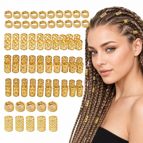 Nurila 90 Stück Haarschmuck Gold, Dreadlock Perlen für Zöpfe | Festival Accessoires Damen, Haar Ringe Clips für Braids und DIY Frisuren