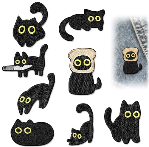 Schwarze Katze Aufbügelflicken, 8 Stück, Stickerei-Aufnäher, Selbstklebend, für Kleidung, Rucksäcke und Hüte, DIY Tier Applikationen