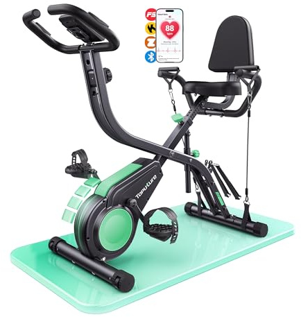 Toputure Bicicleta Estática 5 en 1 con App, Bici Estática Plegable para Casa y Espacios Reducidos, 16 Niveles Magnética Silenciosa, con Bandas de resistencia, Respaldo y Pulsómetro, Máx 140KG