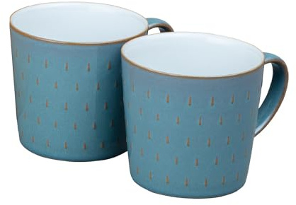 Denby - Juego de 2 tazas de café con patrón azul celeste – Juego de tazas grandes de cerámica de cerámica de 400 ml para el hogar y la oficina – Apto para lavavajillas y microondas – Azul, blanco y