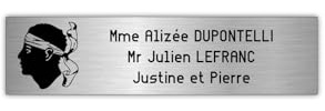 DECOHO - Plaque Boite aux Lettres en Plastique bi-Couche Argent Lettres Noires - 100x25 mm - adhésive Personnalisable 3 Lignes avec emblème Corse - Argent