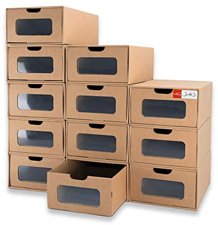 WALL QMER Shoe Boxes Cardboard, 12 Pack, Big Size, Waterproof, Heavy Duty, Stackable Shoe Storage Boxes, with Marking Labels, Transparent Window, 13.8 L x 9.3 W x 5.3 H