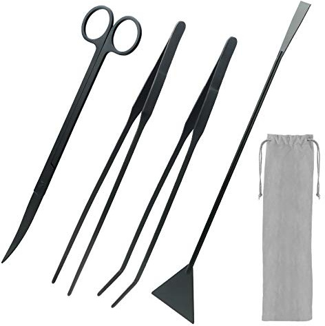 KEESIN Kit 4 in 1 per acquario in acciaio inox, accessori per la pulizia dell'acquario, kit di accessori per acquario, pinzette, forbici, pinze e raschietto per alghe (nero)