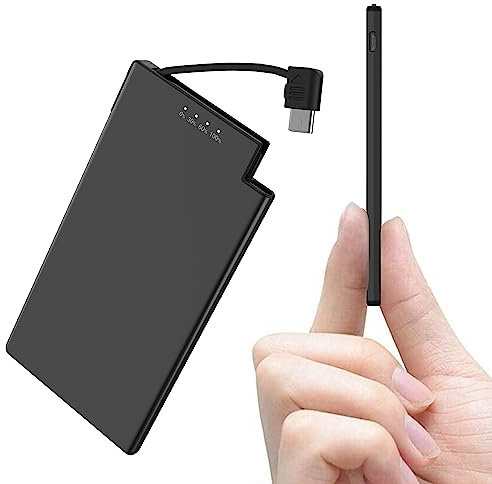 Auskang 5000mAh Power Bank with built-in Type-C Cable, Ultra Slim and Super Lightweight Portable Charger Small External Battery, Compatible with Samsung, Xiaomi, Sony, iPhone 15 Series, etc.- Black