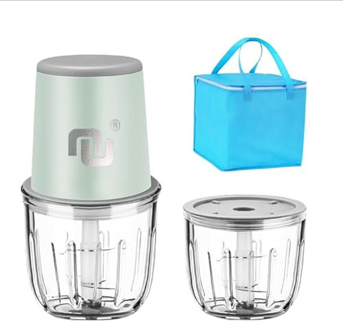 NUNET Robot culinaire et hachoir rechargeable sans fil – 2 bols en verre (300 ml et 600 ml), portable avec sac de transport pour couper en dés, hacher et purer les légumes, les fruits et la viande