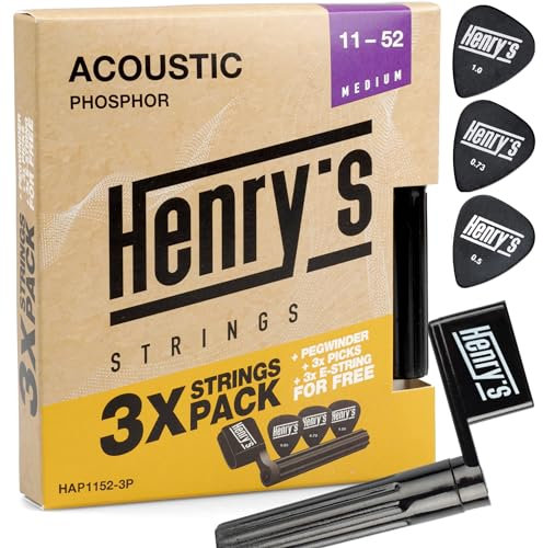 3-Pack Medium Westerngitarre Saiten 11-52 - Saitenkurbel & 3Plektren& 3 Extra E1-Saite - Brillante Klangqualität Gitarrensaiten Westerngitarre - Western Gitarrensaiten - Acoustic Guitar Strings Set