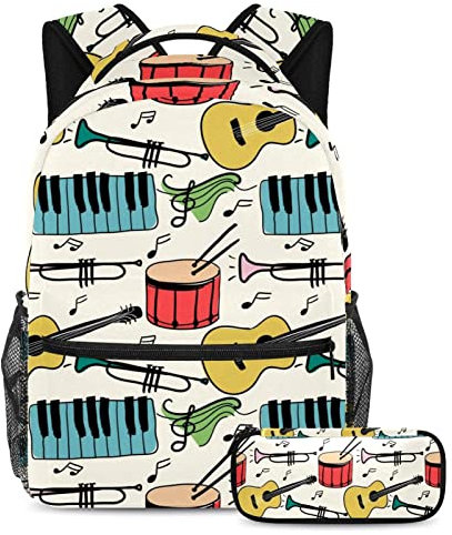 Musikinstrumente Klavier Gitarre Trommel Muster Schulranzen Set für Teenager Mädchen Jungen Kinder, Schüler Büchertasche Rucksack mit Federmäppchen für Primary Secondary Junior, multi Schulranzen-Sets