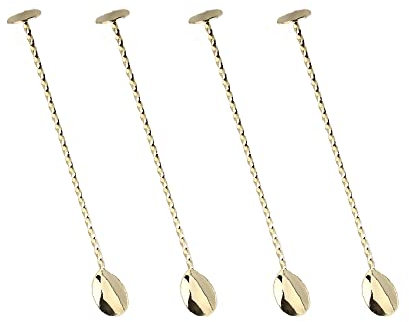 Cocktail Bar Spoon, Stainless Steel Mixing Spoon, Bar Drink Stirring Spoon with Long Handle Twisted Design for Bartender or Home Use, Pack of 4, 28CM - Gold