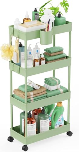 LEHOM Slim Rolling Storage Cart - 4 Tiers Bathroom Organizer Utility Cart Slide Out Storage Shelves Mobile Shelving Unit for Kitchen, Bedroom, Office, Laundry Room, Small Narrow Spaces（7.1 W+Green）