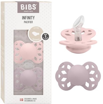 BIBS Infinity Schnuller, 0-6 Monate, 2er-Pack, Blossom/Dusky Lilac | Anatomischer Sauger | Silikon | Größe 1 | BPA-frei | Hergestellt in Dänemark | Hohe Akzeptanz | Luftlöcher | Komfortschild