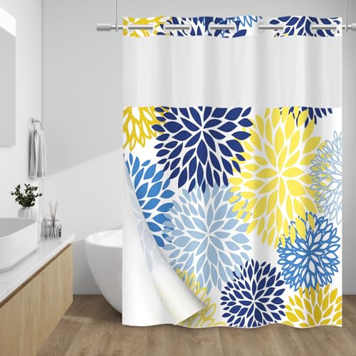 WITHLOC No Hook Shower Curtain with Snap in Liner, Removable Liner Water Repellent, Easy Install & Machine Washable, Hotel Style Bathroom Watercolor Floral Curtain, Yellow, 71 W x 74 L | Snap in Liner, 3 in 1, Water Repellent, Easy Install, Machine Washable, Hotel Style for Bathroom, Watercolor Pattern
