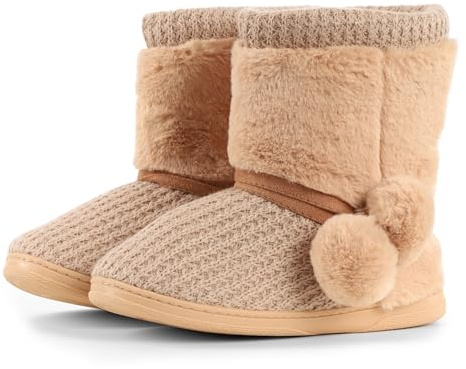 London Shoe Co Ladies Festive Fairisle Boot Slippers Size 3 to 8 UK - Snowflake Aztec Winter Boot slippers for Women, Warm & Stylish Indoor Footwear (Tan, 3/4)