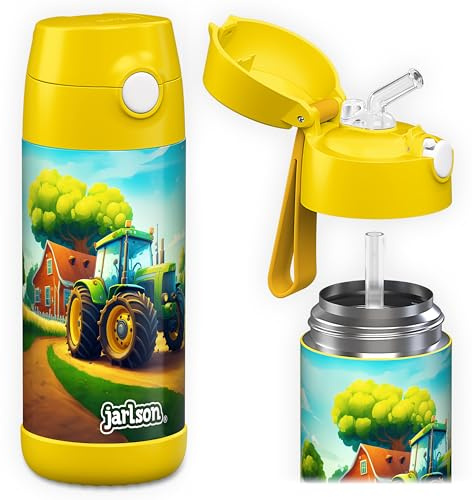 Jarlson® Trinkflasche Kinder Edelstahl Charli [MIT STROHHALM] - Thermosflasche Auslaufsicher - Thermoskanne - Water Bottle Kids - Thermo Trink Flasche für Schule & Kindergarten (350ml, Traktor)