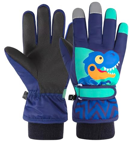 OPUHOHR Kids Ski Gloves, Dinosaur Winter Warm Windproof Snow Mittens