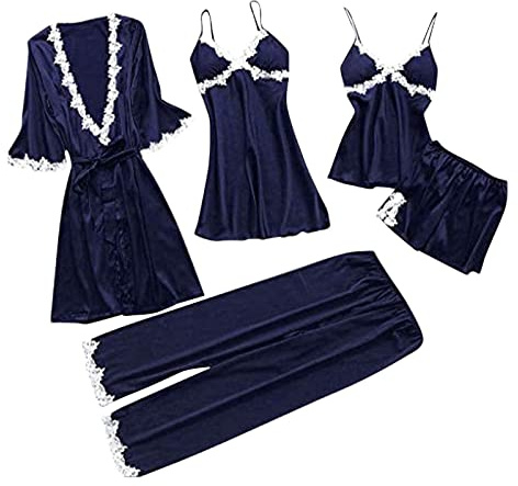 Set di pigiama da donna, 5 pezzi: pigiama da donna, set corto e lungo, in raso, per la casa, biancheria da letto, sexy, pantaloni di grandi dimensioni, camicia da notte, sottile, estiva, in seta