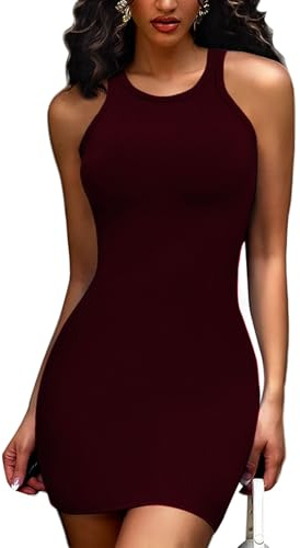 Joyshaper damer sommarklänning snäv kort bodycon-klänning figurnära cami linne klänningar ärmlös miniklänning, #1 vinröd, S
