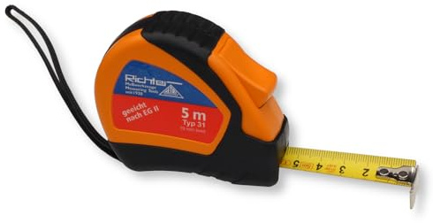 Richter Taschenrollbandmaß 5m - Maßband 16mm breit - mit Gürtelclip und Handschlaufe - gelb lackierter Bandstahl mit abriebfester Lackierung