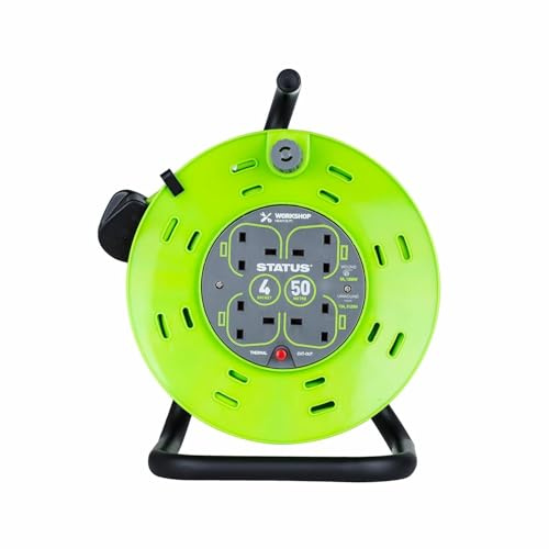 4 Way Gang Socket Extension Heavy Duty 50 Meter Cable Reel Electrical Lead - Green