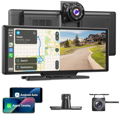 ESSGOO A-pple CarPlay & Android Auto, 10,26 Zoll IPS Carplay Bildschirm für Auto mit 4K Front Dash Cam, 1080P Backup Kamera, Wireless CarPlay mit Bluetooth 5.0/FM/Siri/G-oogle/Mirror Link/64G TF/AUX