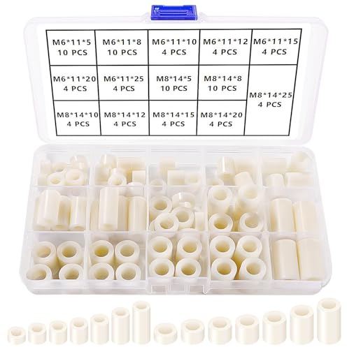 YIXISI 80 Piezas Arandelas Espaciadoras Redondas ABS, para M6 / M8 Tornillos, Soporte de Columna No Roscada Arandelas Espaciadoras, OD 11/14 mm, Blanco