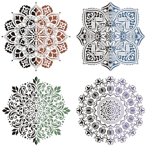 FENGJINGJIACHENG Set mit 4 großen Mandala-Schablonen, wiederverwendbar, DIY, Wandkunst, Holz, Schablonen, für Böden, Fenster, Möbel, Holz