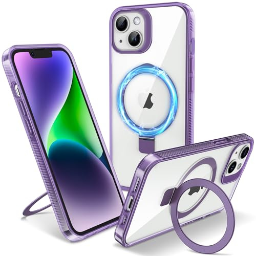 Flyzoo Magnetisch Ständer Hülle für iPhone 14 Plus - [Unsichtbarer Ständer] [Kompatibel mit MagSafe] [Vergilbungsfrei & rutschfest] Stoßfest Durchsichtig Handyhülle, 6.7'', Clear Lila