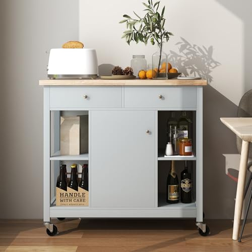 GIANTEX Küchenwagen mit Rollen, Kücheninsel mit Arbeitsplatte, Servierwagen mit verstellbaren Regalen, Küchenrollwagen Rollwagen Küche, Küchenschrank mit 2 Schubladen & Tür, Küchentrolley 99x46x90cm