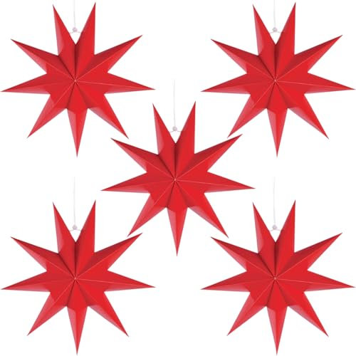 chenyu 5 Pack 9 Pointed Paper Christmas Stars Red Paper Star Lantern Hanging Stars 3D Paper Star Decorations for Christmas Wedding Party Home Hanging Decorations 35 cm 45 cm
