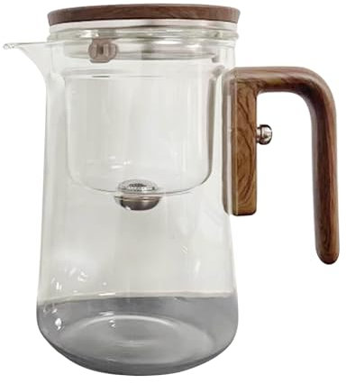 Enchanti - de vidrio con separación de agua con mango de madera, jarra de filtro de hojas de té transparente resistente al calor | de vidrio con infusor | de vidrio con colador