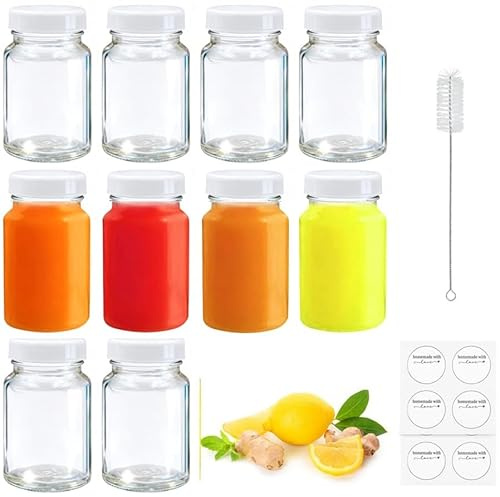 XWCHASA 10 Pcs Small Glass Bottles With Lids, 60ml/2oz, Juice Bottles | Leakproof Travel Portable Reusable Small Clear Jar with Labels, Brush for Juice, Oils, Liquor, Potion