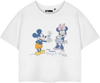 Disney Mickey & Minnie Womens White Vintage Cropped Short Sleeve T-Shirt Characters Graphic Tee for Women | Short-Sleeved Retro Fashion Apparel | Merchandise for Her