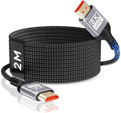 Nersligek Câble HDMI 8K 2m, Câble HDMI 2.1 48Gbps 8K@60Hz, 4K@144Hz/120Hz 7680P eARC, HDR10, HDCP 2.2 & 2.3, Dolby Atmos pour HDTV/Barre de Son/PS5/Lecteur Blu-ray/X-Box/Moniteur